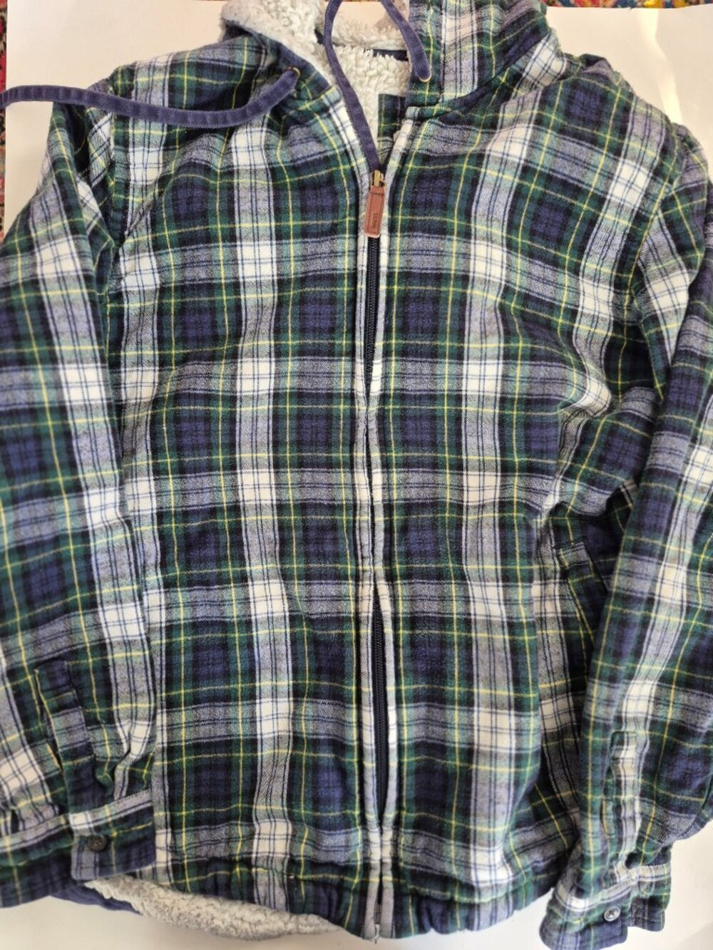 L.L. Bean Sherpa Lined Plaid Jacket Youth Large Hooded Flannel navy blue
